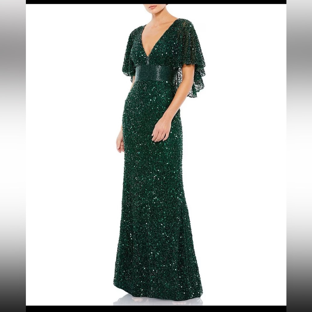 Elegant Emerald Sequin Evening Gown - V-Neck Flutter Sleeve